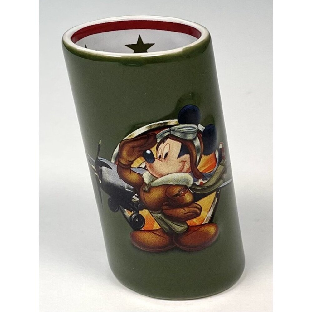DISNEY 3" Green Ceramic Tilted SHOT GLASS Aviator Mickey Ready for Take Off EUC